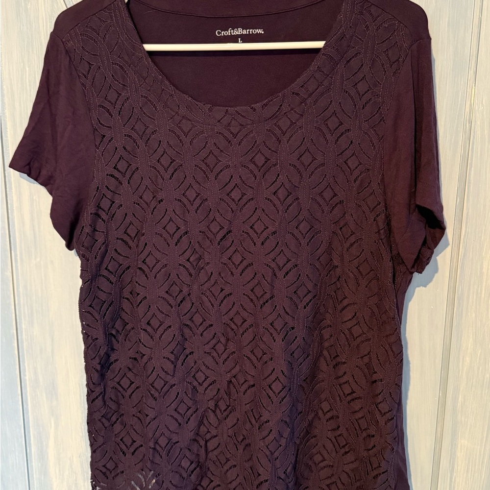 Croft & Barrow Women's Dark Purple Short Sleeve Lace Tee